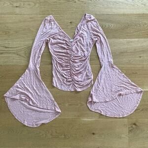 We The Free Ruched Front Bell Sleeve Top in Blush Pink Polka Dot